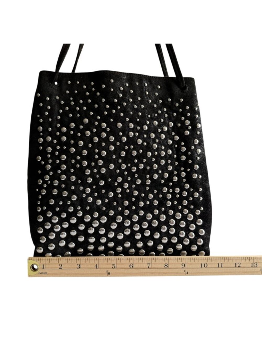 Zara Black Shoulder Bag Studded Design 10"x12"x3" Faux Suede Tote Purse Studs - Picture 5 of 11